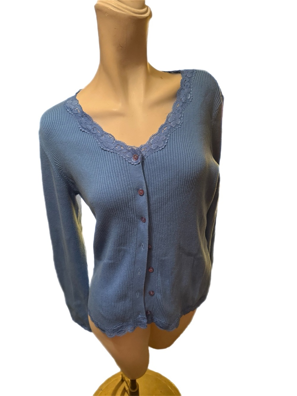 Rafaella Blue Lace-Trim V-Neck Cardigan